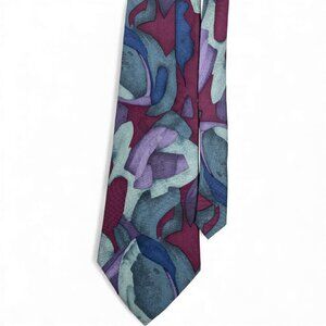 Bill Blass Silk Tie Abstract Modern Art Burgundy Red Blue Purple